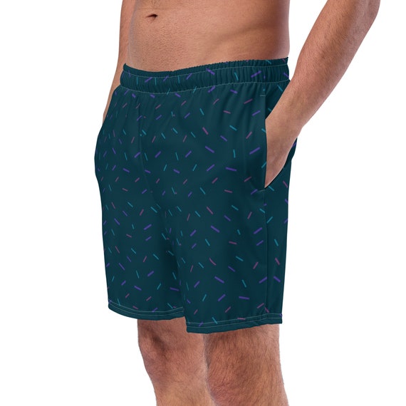 Navy Blue Confetti Print Retro Print Swim Trunks