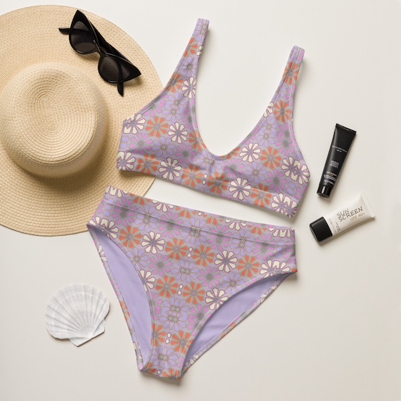 Retro Yellow/Purple Floral 70s Inspired Recycled High-waisted Bikini / Festival Wear