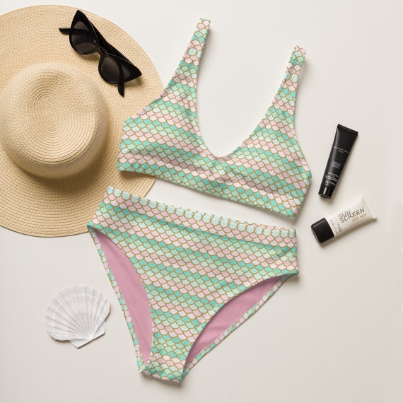 Rainbow Scale Mermaid Tail Print Recycled High-Waisted Bikini / Festival Wear