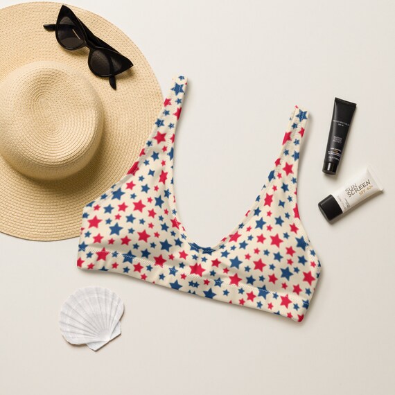 TOP ONLY! Retro Stars USA Fourth of July Recycled High-Waisted Bikini Top/ Festival Wear