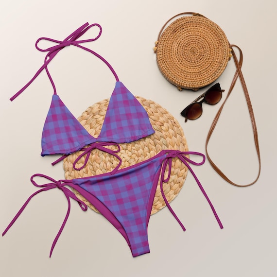 Pinkish-Purple 90s Rad Retro Checkered Print Recycled String Bikini / Festival Wear