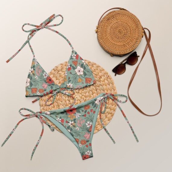Retro Drawn Green Floral Print Recycled String Bikini / Festival Wear
