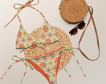 Retro Neon Yellow / Orange Floral 70s Vibe Recycled String Bikini / Festival Wear