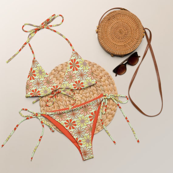 Retro Neon Yellow / Orange Floral 70s Vibe Recycled String Bikini / Festival Wear