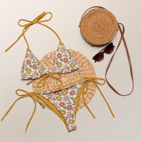 Vintage Yellow Floral Recycled String Bikini / Festival Wear