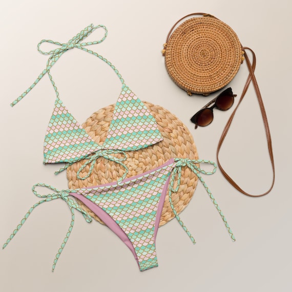Rainbow Scales Mermaid Tail Print Recycled String Bikini / Festival Wear