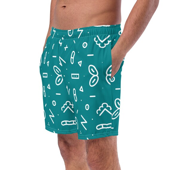 90's Retro Funky Teal Print Men's Recycled Swim Trunks