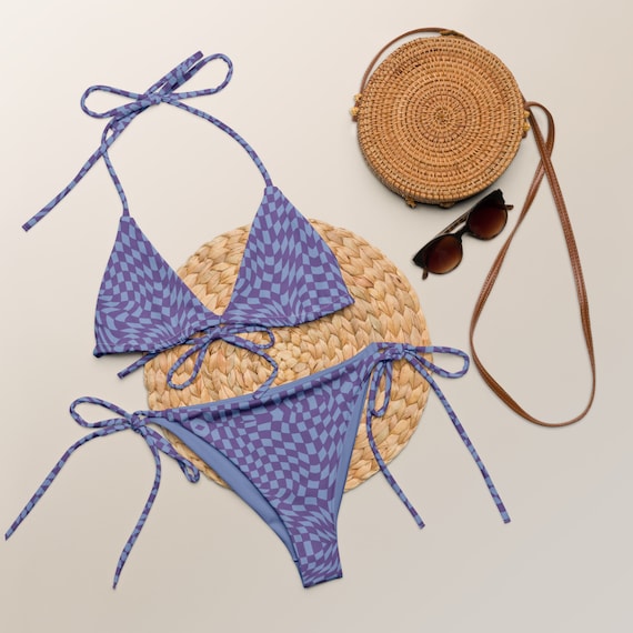 Purple/Blue 90s Rad Retro Checkered Print Recycled String Bikini / Festival Wear