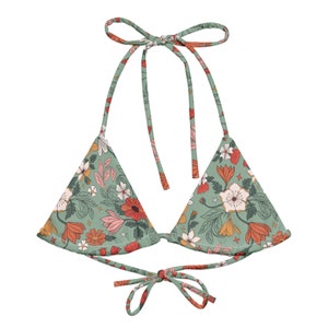 TOP ONLY! Drawn Green Floral Retro Recycled String Bikini Top / Festival Wear