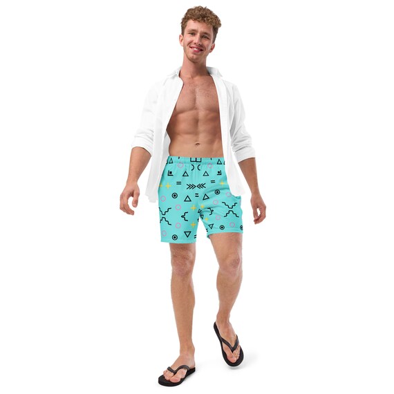 90s Retro Print Funky Teal Men's Recycled Swim Trunks