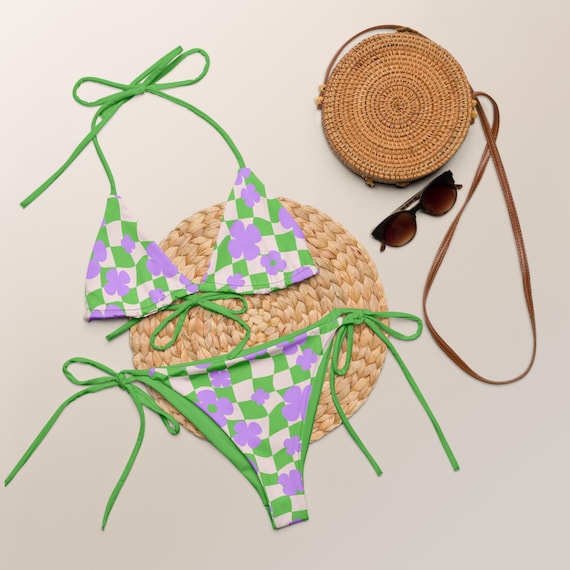 Retro 70s Vibe Green Purple Funky Floral Recycled String Bikini  /  Festival Wear