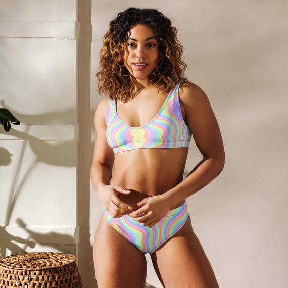 Psychedelic Wavy Neon Rainbow Recycled High-Waisted Bikini