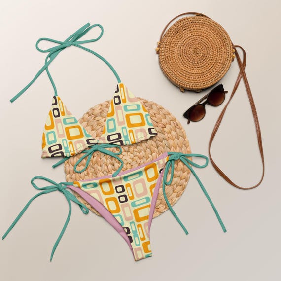 Retro 70s Vibe Geometric Recycled String Bikini set / Festival Wear
