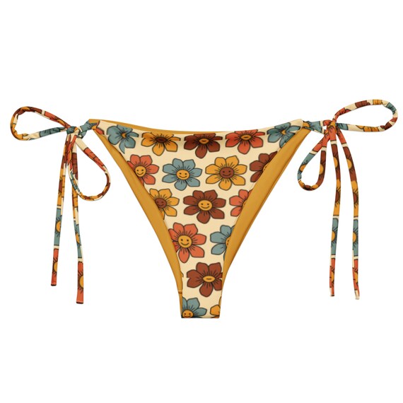 BOTTOM ONLY! Retro Smiley Rainbow Flowers 70s Vibe Recycled String Bikini Bottom / Festival Wear