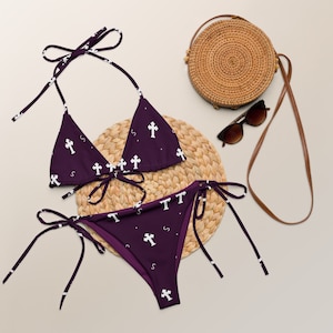 Punk Goth Grunge Dark Purple Crosses Recycled String Bikini / Festival Wear