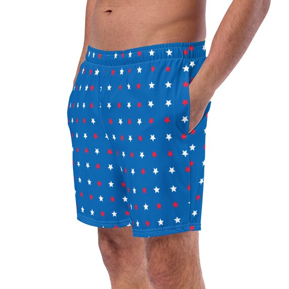 Retro Blue Stars USA Fourth of July Recycled Men's Swim Trunks