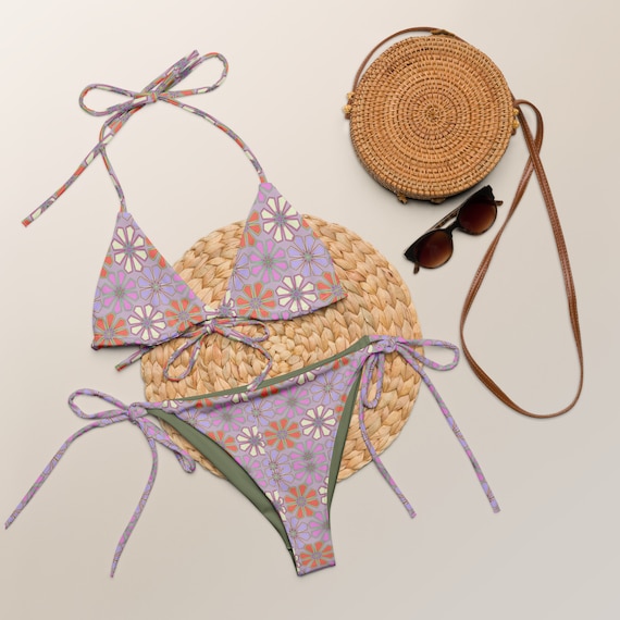 Purple Floral Retro 70's Print Recycled String Bikini - Style Your Way! Festival Wear
