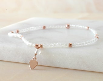 Rainbow Moonstone Bracelet Bridesmaid Jewelry Bridal Bracelet June Birthstone Jewelry Rose Gold Charm Bracelet Stretch Bracelet Mom Gift