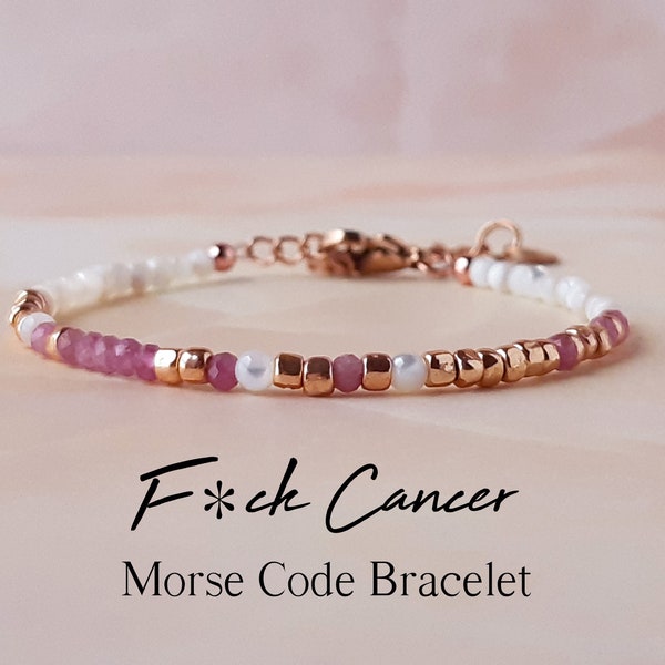 Pulsera de cáncer de mama con turmalina rosa, pulsera con código Morse "Fuck Cancer", regalos para supervivientes de cáncer, joyería para concienciar sobre el cáncer de mama, fin de la quimioterapia.