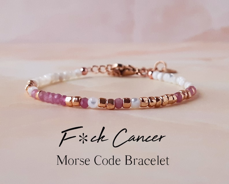 Pink Tourmaline Morse Code Bracelet Breast Cancer Gifts Strength Bracelet Cancer Survivor Gift Fuck Cancer Bracelet Encouragement Gift image 1