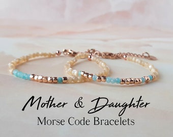 Gemstone Morse Code Bracelet Mother Daughter Bracelet Set of 2 Matching Bracelets Family Gift for Mom Secret Message Bracelet for Daughter