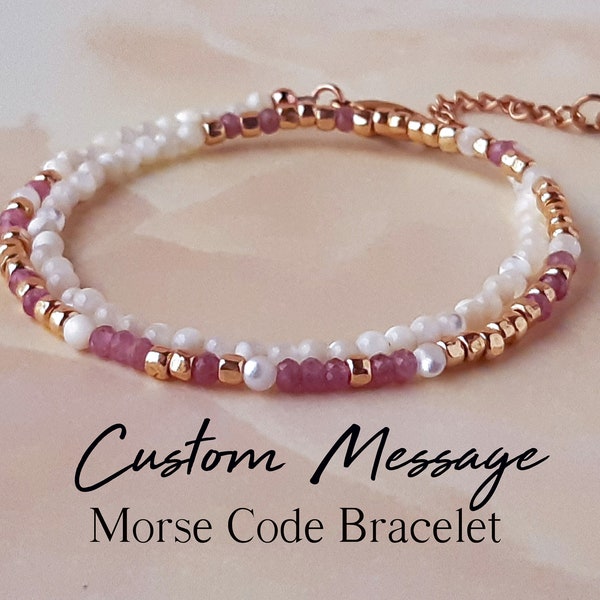 Pink Tourmaline Custom Morse Code Bracelet Secret Message Bracelet Personalized Jewelry Bridesmaid Gift for Her Name Bracelet for Women