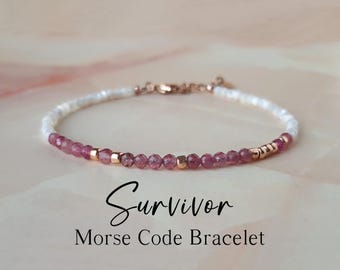 Braccialetto con codice Morse in tormalina rosa, regalo per chi ha contratto il cancro al seno, regalo per chi è sopravvissuto al cancro, braccialetto da guerriero del cancro, regalo di sostegno e incoraggiamento per i pazienti.