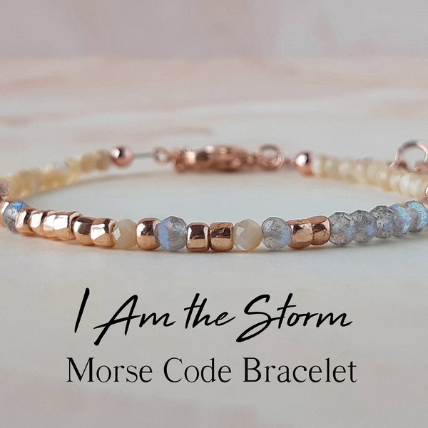 Bracelet code Morse avec pierres précieuses, je suis la tempête, mantra, cadeau pour filleule, bracelet guerrier, bracelet stimulant, bracelet anxiété