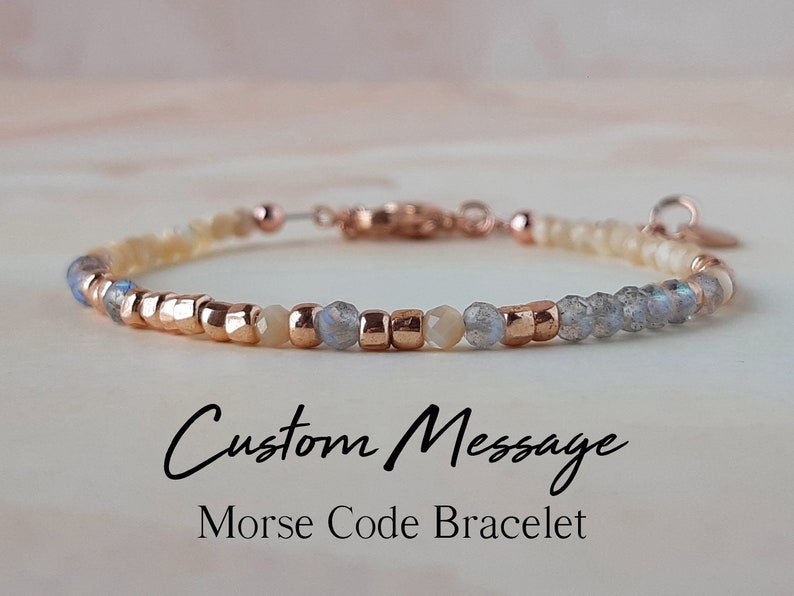 Custom Morse Code Bracelet for Women Gemstone Personalized Bracelet Femme Rose Gold Labradorite Jewelry Best Friend Gift Inspirational Gift image 1