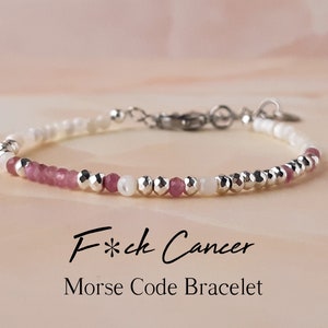 Pulseira de código Morse de turmalina rosa, presente para câncer de mama, pulseira de apoio, presente para sobreviventes do câncer, pulseira para foder o câncer, presente para o último dia de quimioterapia