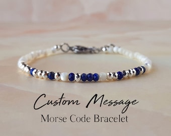 Bracelet lapis lazuli code Morse personnalisé pour femme Cadeaux personnalisés pour elle Bracelet nom Bracelet message secret Bijoux message caché