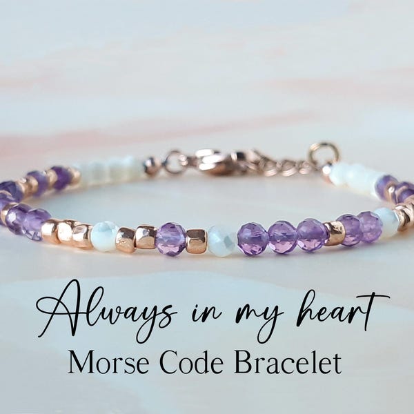 Pulsera de amatista con código Morse "Siempre en mi corazón", regalo de condolencias por la pérdida de un padre, pulsera conmemorativa para mascotas, regalos conmemorativos por la pérdida de una madre.