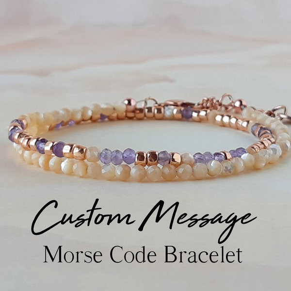 Amethyst Personalisiertes Morsecode-Armband, personalisierter Schmuck, versteckte Botschaft, individuelles Armband für Frauen, Mantra-Armband, einzigartige Geschenke