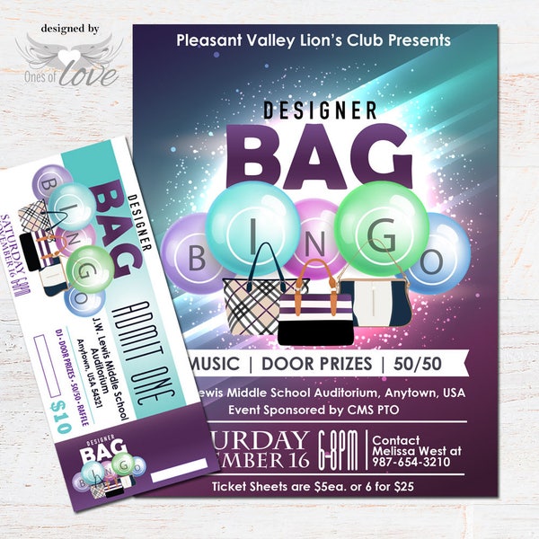 Designer Bag Bingo Flyer | Fundraising Event Flyer | Bingo Ticket | Event promotion | Bingo Invitation | Admit One Ticket | Coach Bag Bingo