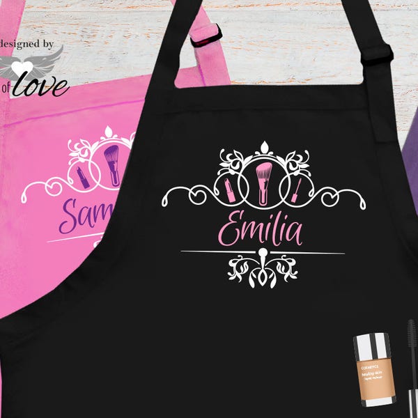 personalized makeup artist apron, custom beauty salon apron, make-up artist apron, gift for her, with lipstick, mascara, makeup brush icons