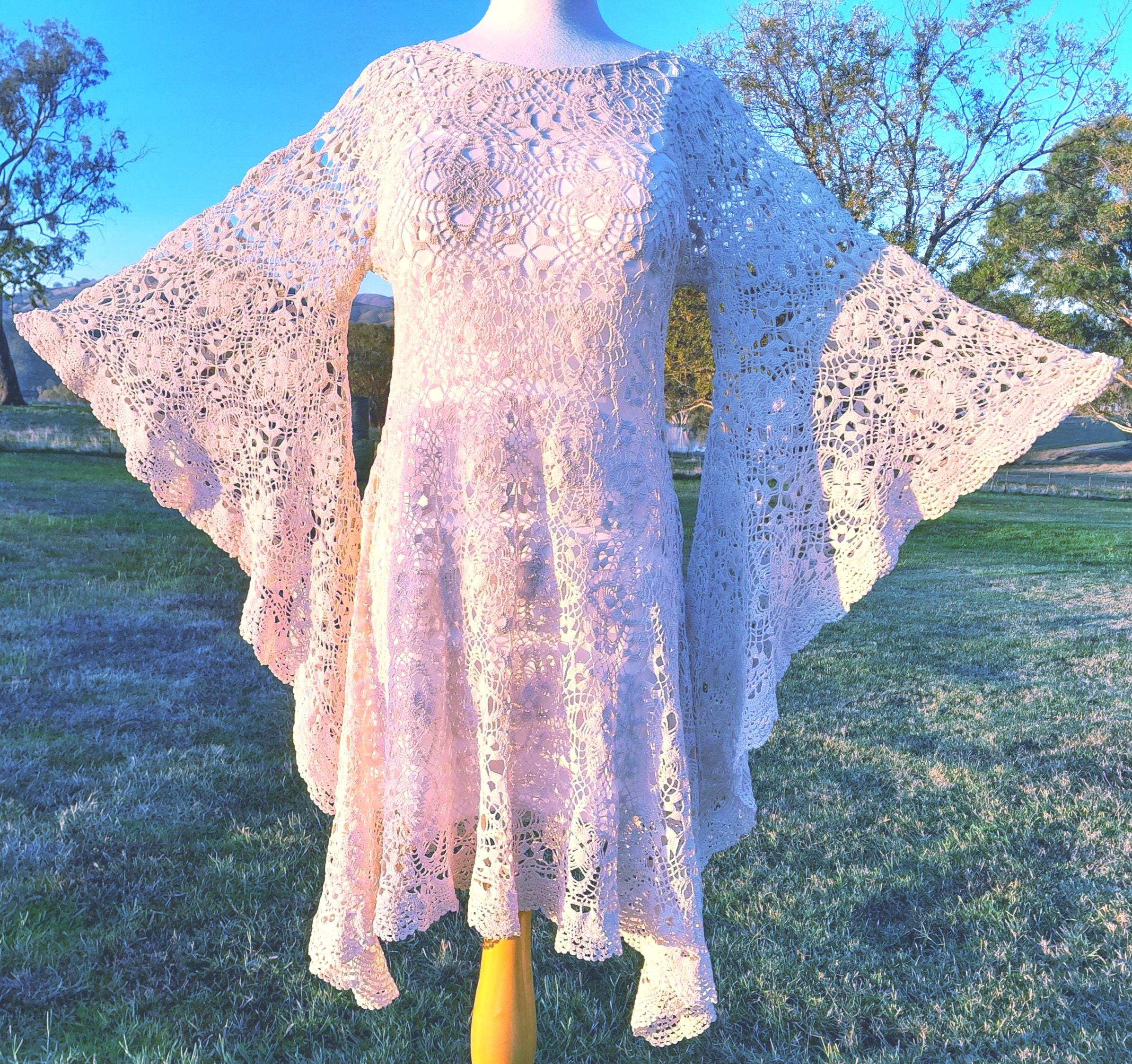 Intricate Hand Crochet Vintage Lace Bell Sleeve Bohemian Alternative Wedding - Vtg Festival Reception Asymetrical Dress