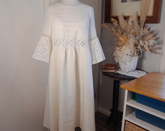 Beautiful Linen Wedding Dress Highly Detailed Edwardian Lace Cream Antique Lace Loose Midi Cottagecore Special Dress