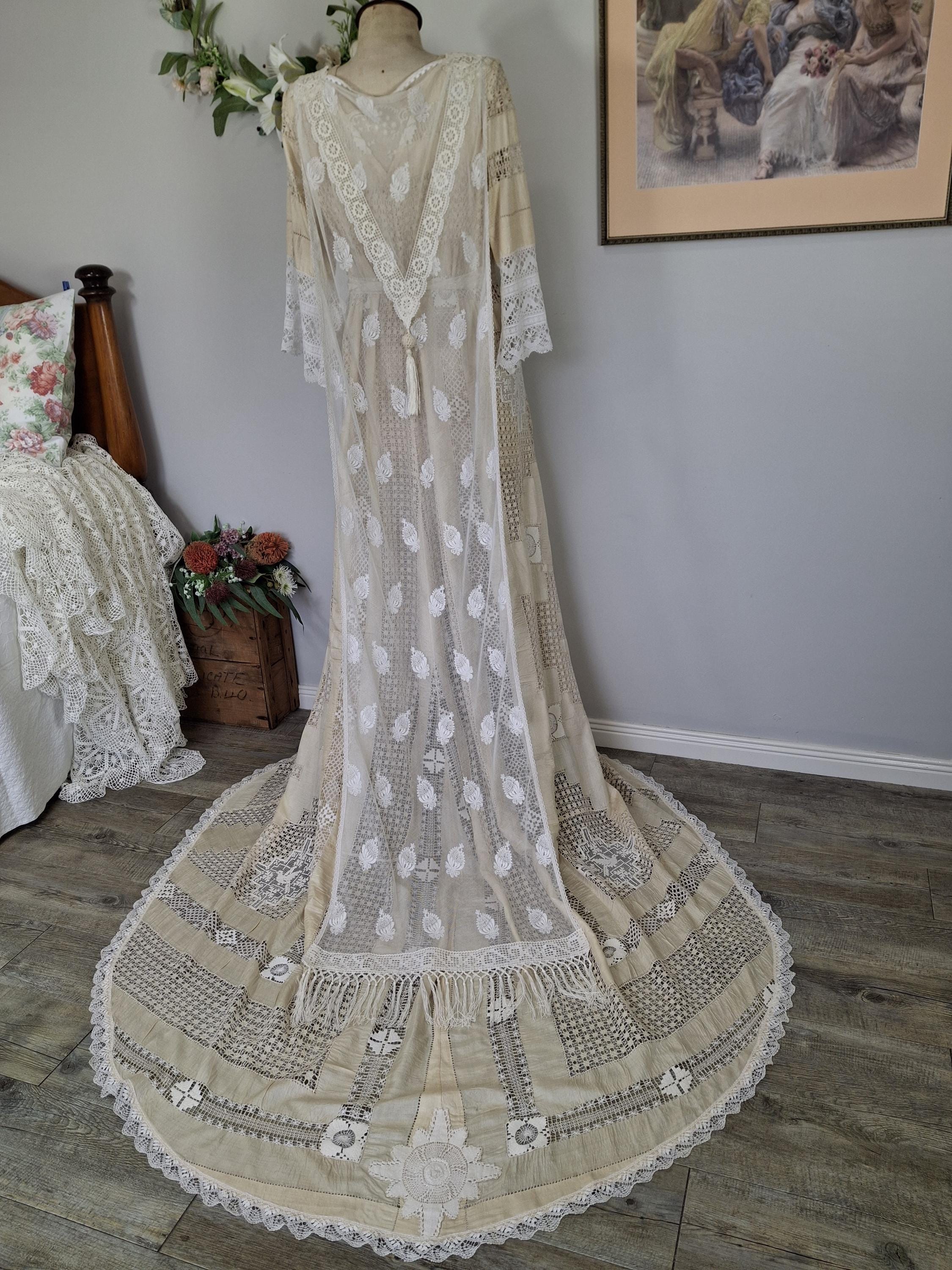chinese dress ladies Vintage Lace Wedding Dress,Tea Length Wedding Dress with Sleeves,WD00529, US10 / Ivory