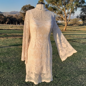 Bestickte 1960er Jahre Baumwoll-Vintage Spitze, Boho kurzes viktorianisches Brautkleid, Alternative Hochzeitsfeier Kleid - S - M - L