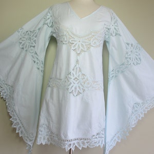 CLEARANCE Beach Bridesmaids Vintage Anglaise Cotton Lace Aqua Blue Bell Sleeve Lace Boho Hippy Dress