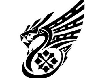 May include: A black and white graphic design of a dragon with a stylized wing and a decorative emblem. The dragon's head is visible, with intricate details in the wing and the emblem below.