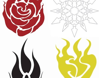 May include: Four stylized symbols on a white background. A red rose, a black and white snowflake, a black flame, and a yellow flame. The symbols are graphic designs, likely for stickers, patches, or other merchandise.
