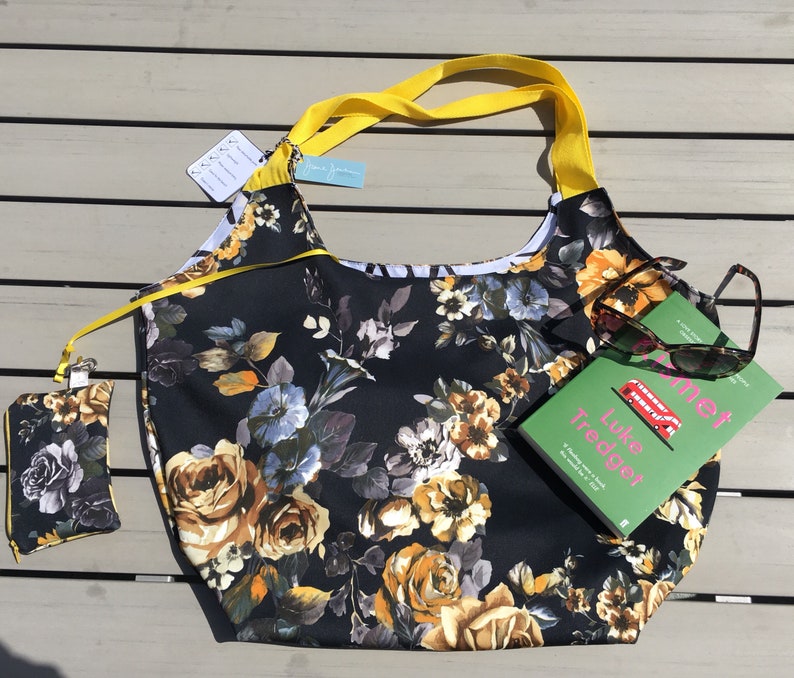 Scuba Black and Yellow Print ToteBeach Bag with Water Resistant Lining and FREE Detachable coin purse.