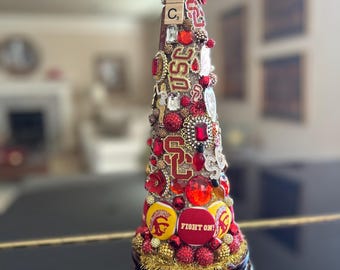 USC Trojan Bejeweled Holiday Tree, Cardinal Red and Gold Glitz, One-of-a-Kind Conversation Piece