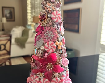 Pink Jeweled Christmas Tree, Pearls, Rhinestones, Santa (11.5")