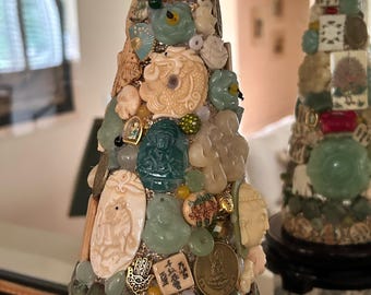 Jeweled Tabletop Tree, Jade & Carved Bone, Asian Decor