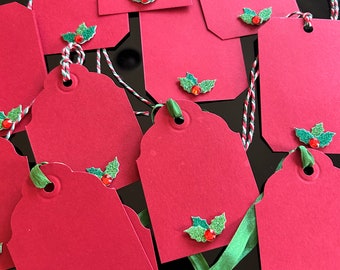 Holly berry Christmas gift tags ready for your personal holiday message. Set of 12 with hand dyed silk ribbon.