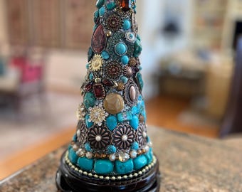 Turquoise and copper encrusted holiday table top decoration. 11.5" Xmas tree with a rich western vibe could even be year-round decor!