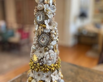 Classic ivory, gold and pearl jeweled holiday table topped decoration. Rare curated item that could easily become a family heirloom. 14.5"