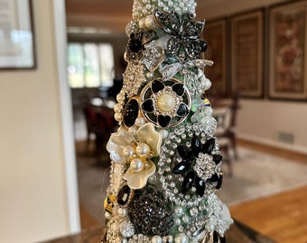 Bejeweled Christmas Tree, Black Silver Pearls, Vintage Style